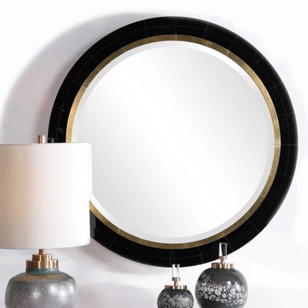 Black & Gold Round Mirror With 1" Bevel