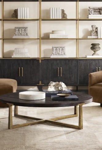 Black Wood and Antiqued Gold Metal Coffee Table